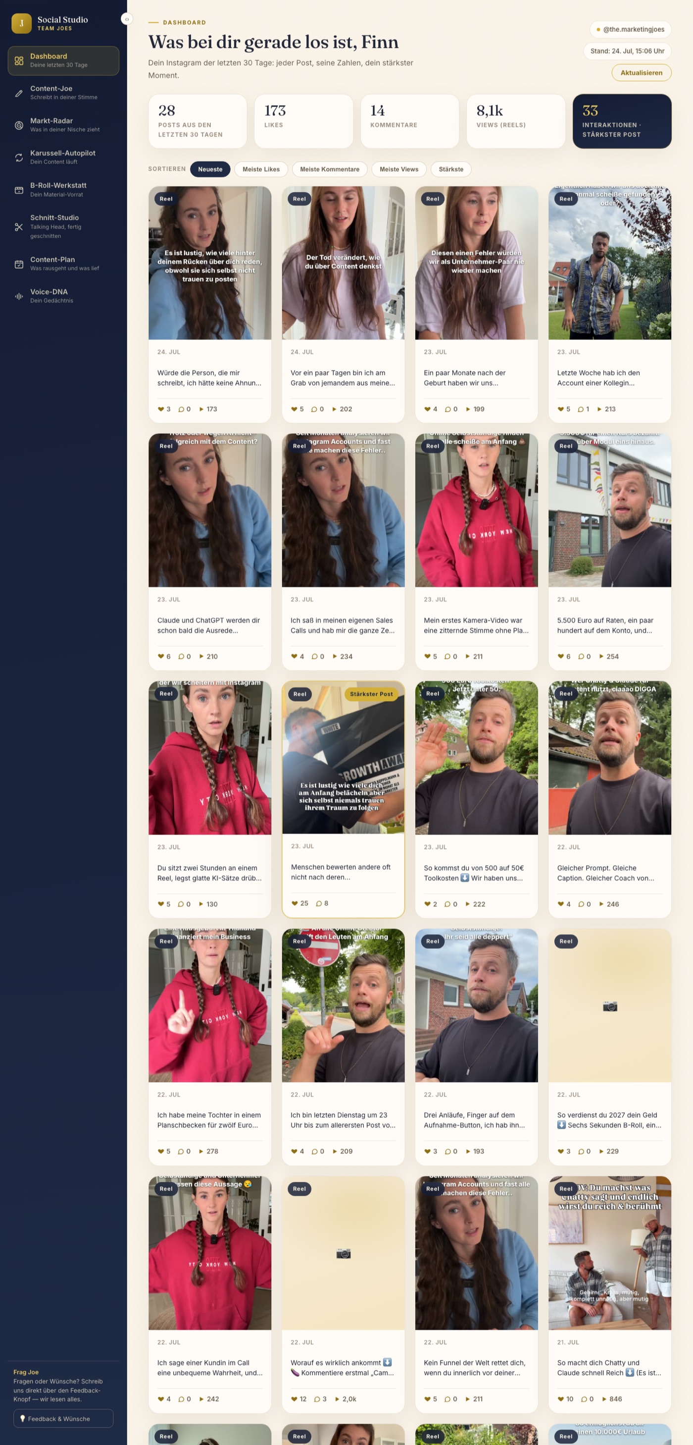 Dashboard des Social Studio mit Auswertung der letzten 30 Tage