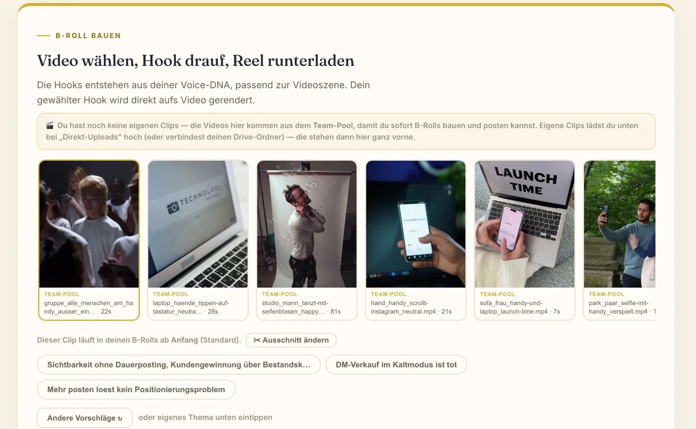Die B-Roll-Werkstatt mit Clip-Auswahl und Hook-Vorschlägen