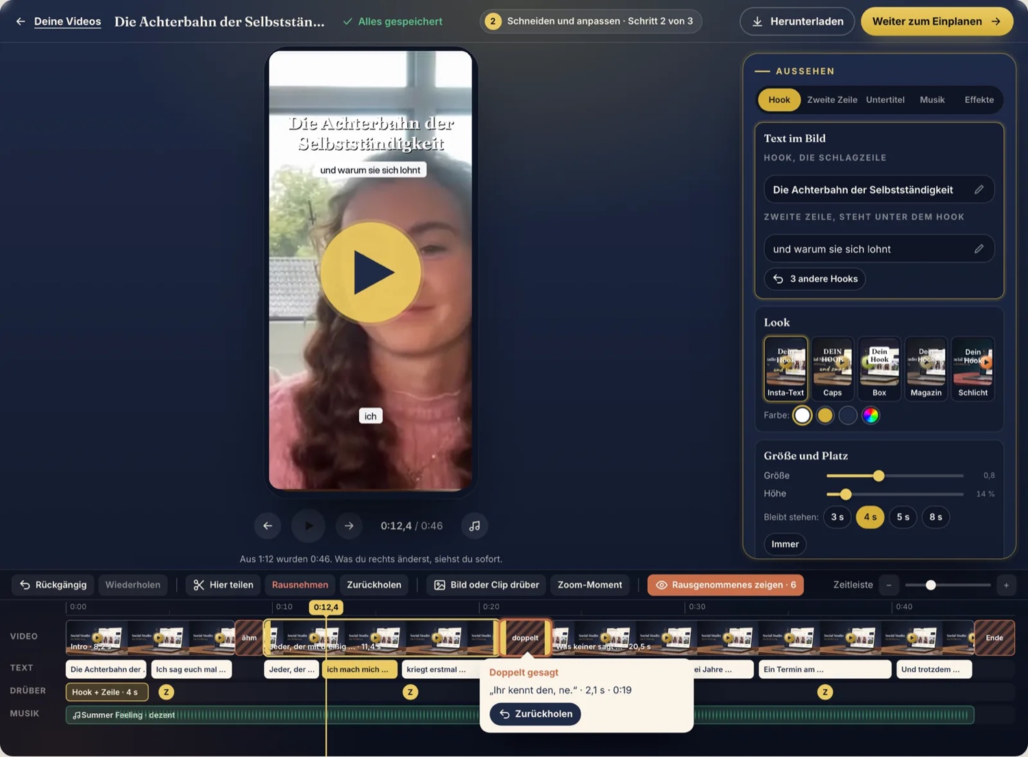 Das Schnitt-Studio mit Zeitleiste, Hook-Editor und erkannten Dopplungen